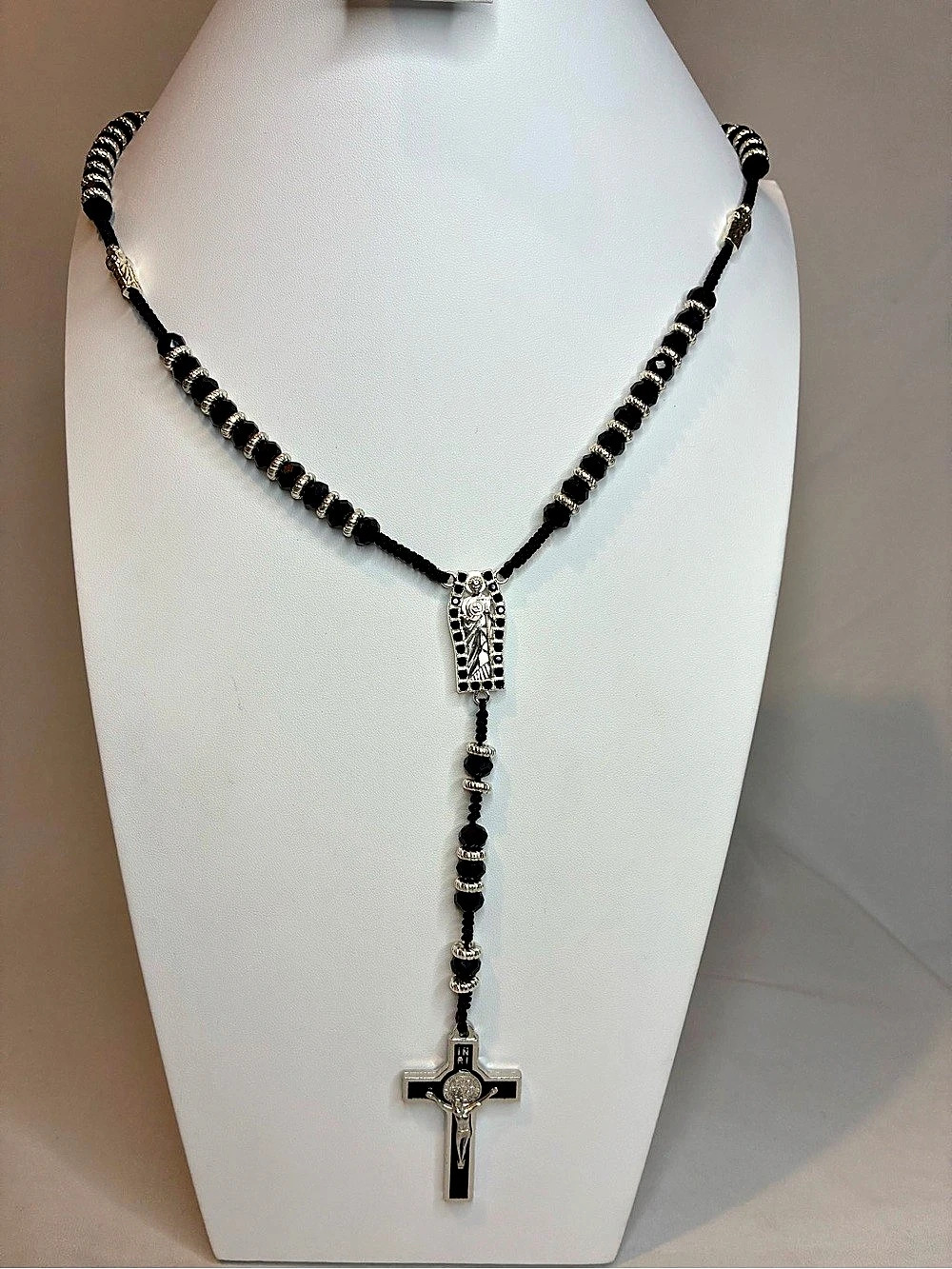 Black & Silver Cross Rosary Necklace